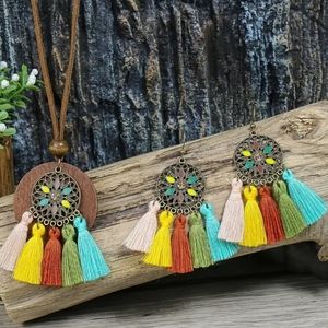 Necklace and Multi-Color Earrings Tassel Enamel Wood Leather Cord Burnished Gold